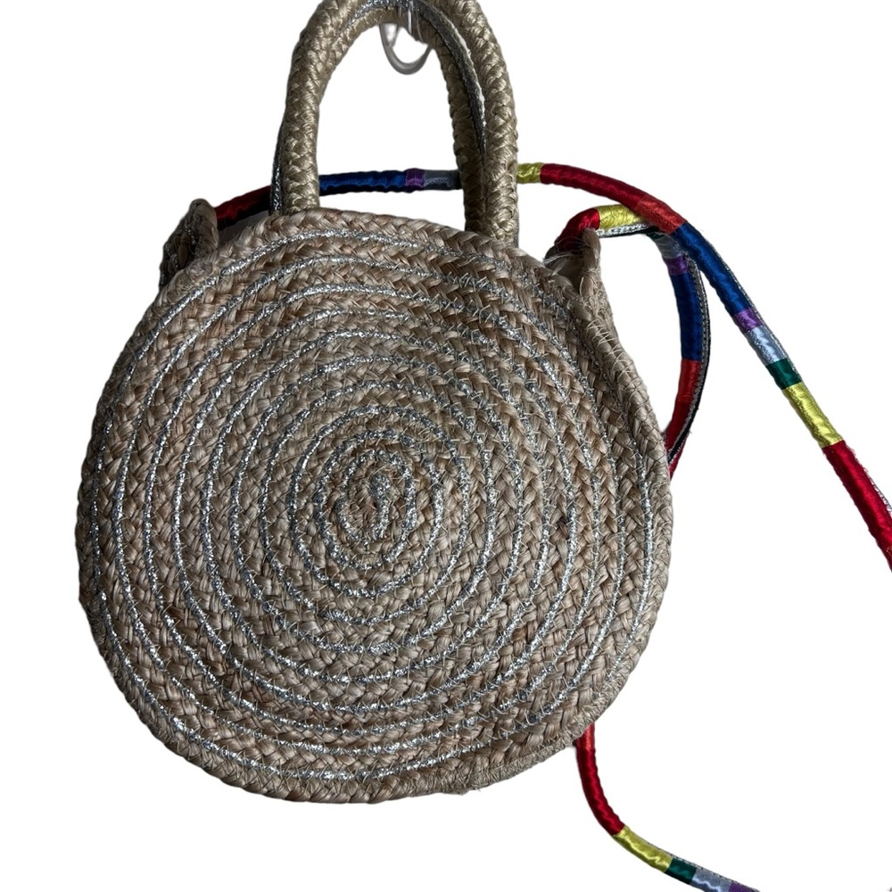 Sam Edelman Metallic Round Jute Shoulder Bag Rainbow Strap - Picture 3 of 15